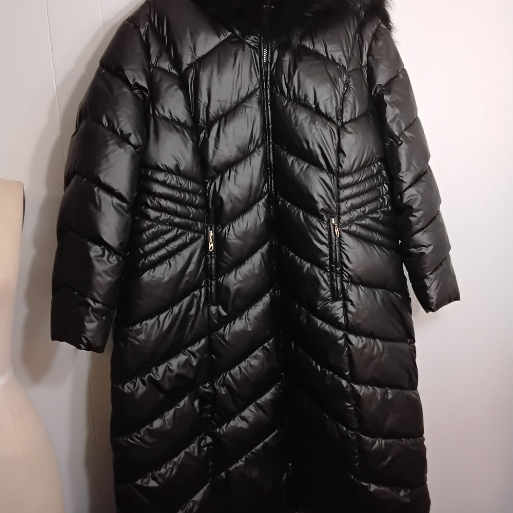 Gallery Black Long Quilted Puffer Coat with Fur-Trim Hood
